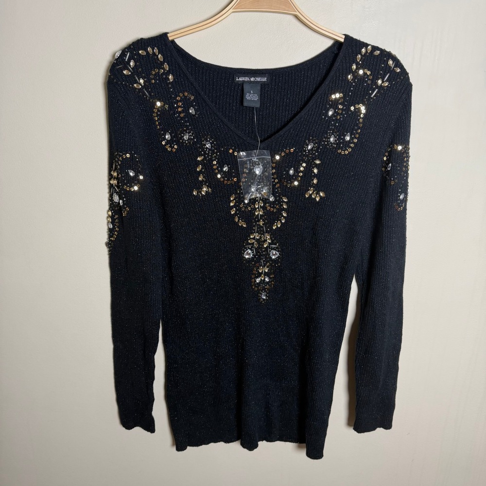 Lauren Michelle Black Metallic Ribbed Knit Embellished V-Neck Sweater Small
